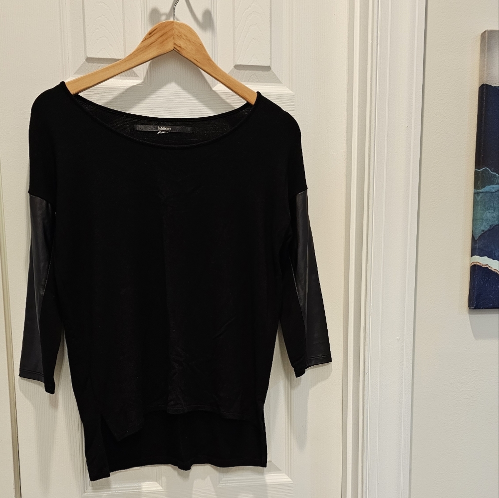 Kensie Black Shirt With Faux leather sleeves, NWOT, Size Small